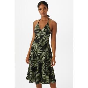 Tommy Bahama Palm Leaf Halter Dress Size 10 Green Black Silk Blend Tropical Midi